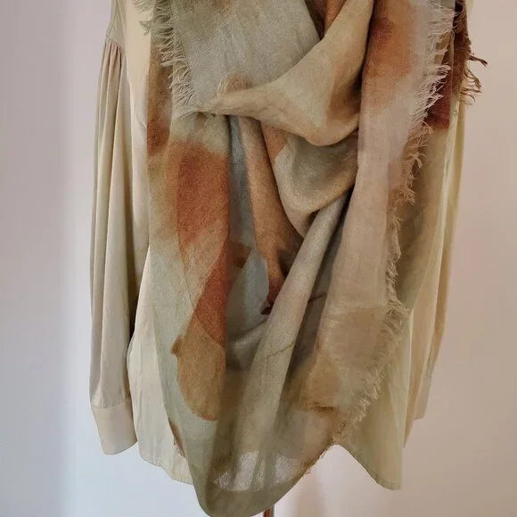 Painted dyed silk cashmere scarf wrap beige brown tan green blue gray grey khaki